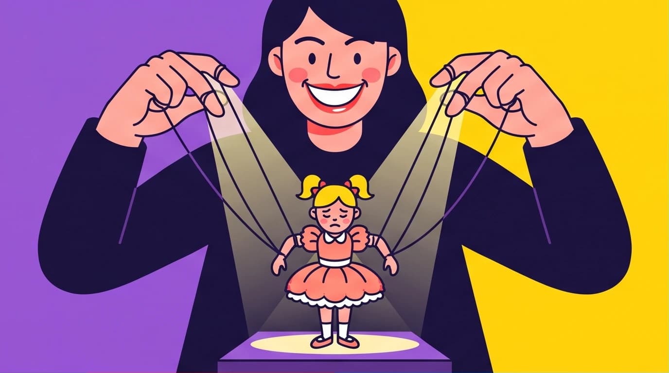 An illustration of a large mother figure controlling a small child star like a puppet, symbolizing trauma in Jennette McCurdy's I'm Glad My Mom Died.