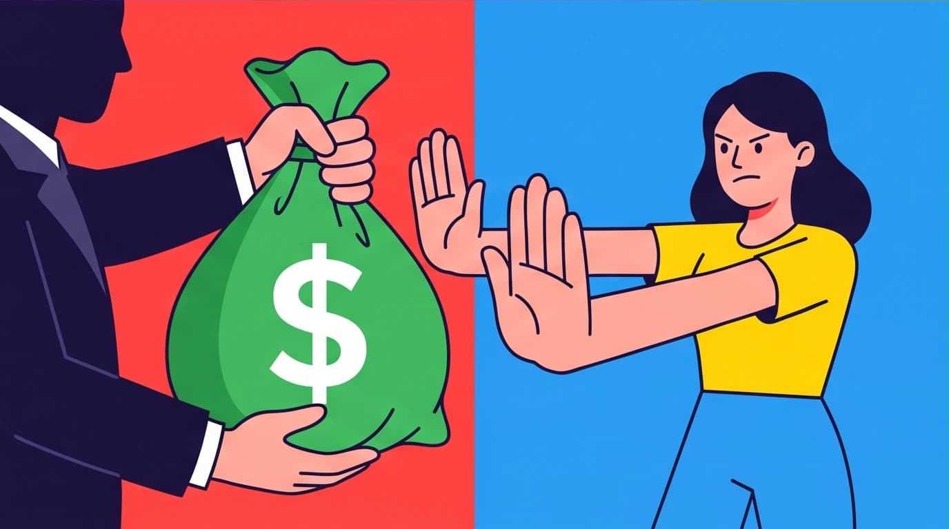 An illustration of a young woman rejecting a huge bag of hush money, a key moment of reclaiming her voice and autonomy from industry exploitation.