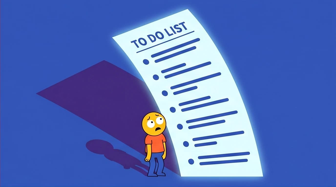 A character overwhelmed by a giant to-do list, representing how perfectionism causes anxiety and stops you from taking action.