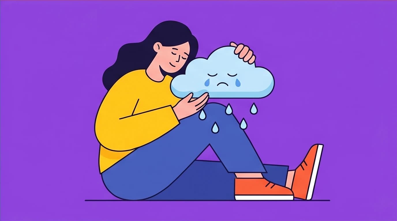 A person gently comforts a small sad cloud, representing the acceptance of imperfection and sadness, a healing idea from Huang Shan Liao's book.