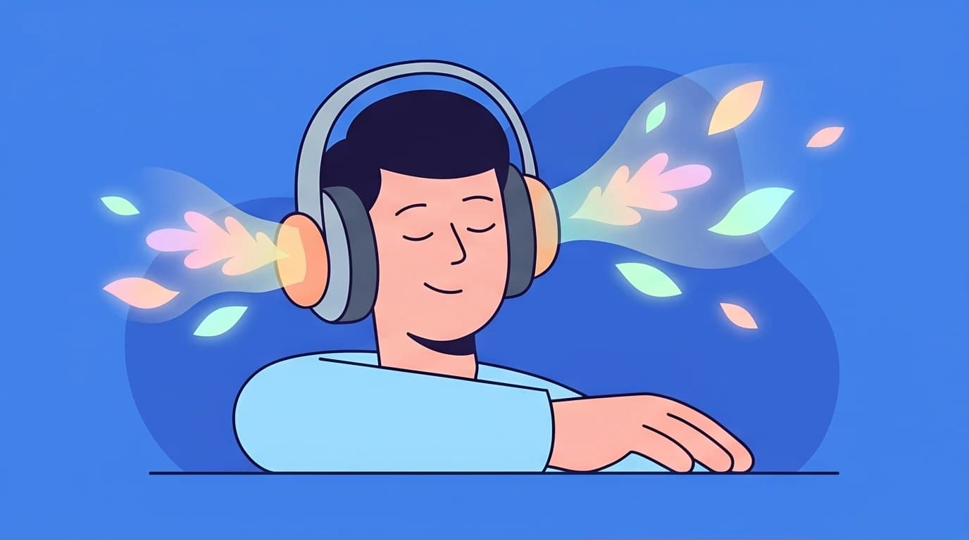 Illustration of a person finding peace and healing by listening to the 'Make Life Better Slowly' audiobook by Huang Shan Liao through headphones.