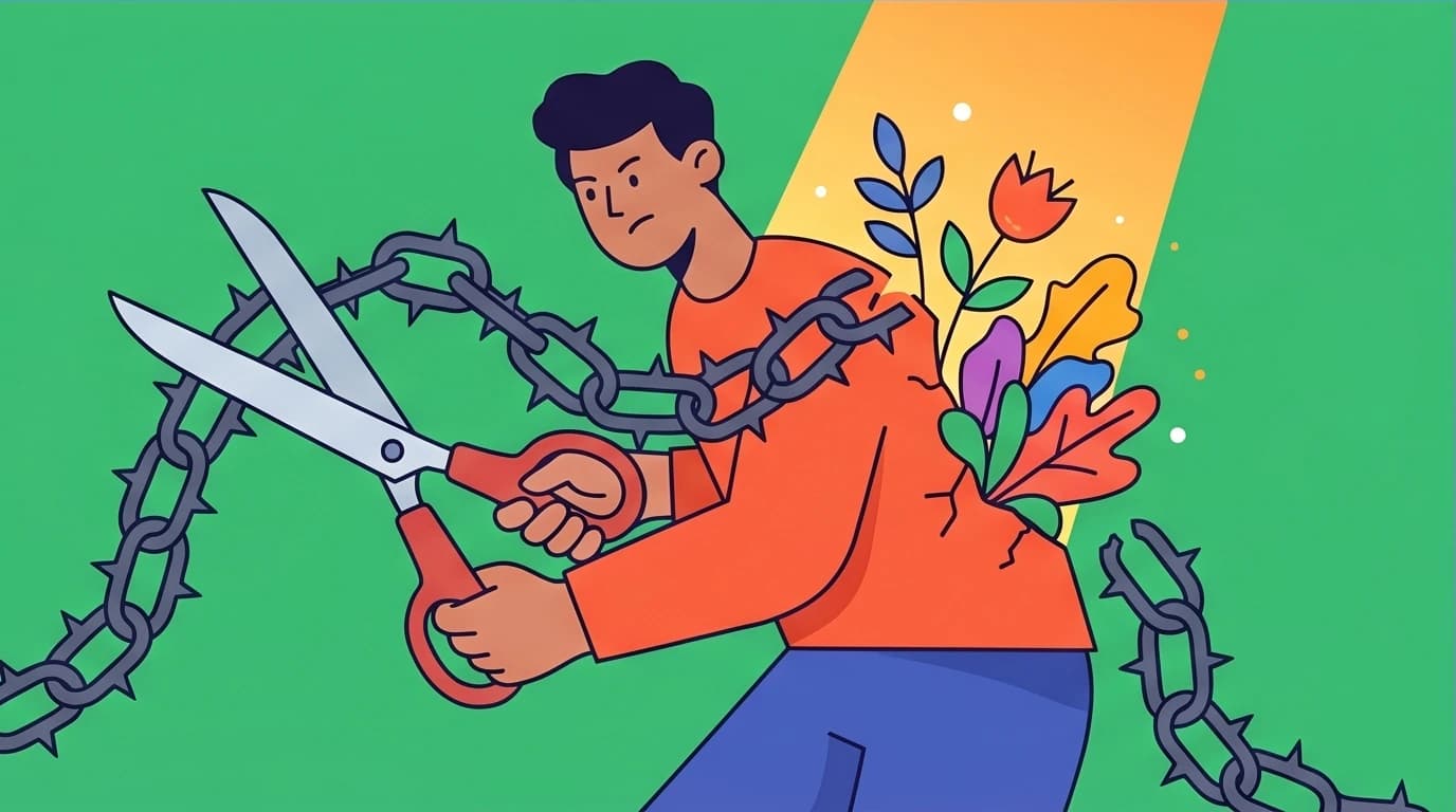 A character cuts a thorny chain, symbolizing letting go of toxic relationships for self-care, a core theme in the 'Make Life Better Slowly' audiobook.