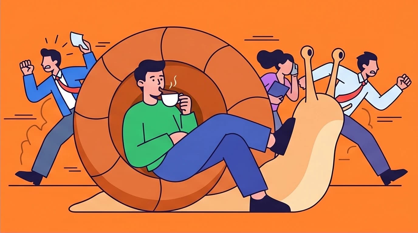 A character slows down inside a giant snail shell, ignoring the rat race, illustrating a key healing message from the 'Make Life Better Slowly' podcast.