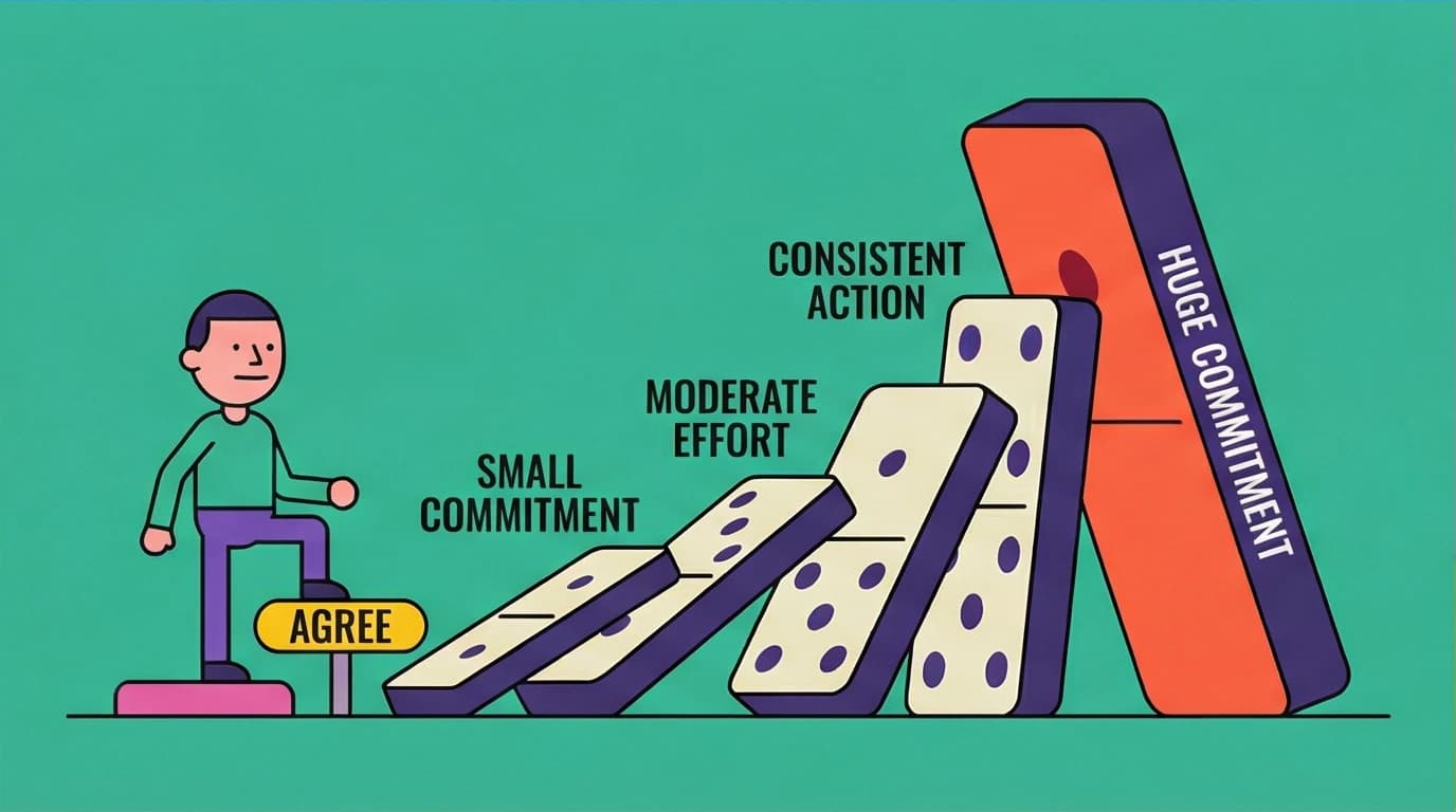 The Commitment and Consistency principle from Cialdini's 'Influence,' showing a small 'yes' leading to an overwhelmingly large commitment.