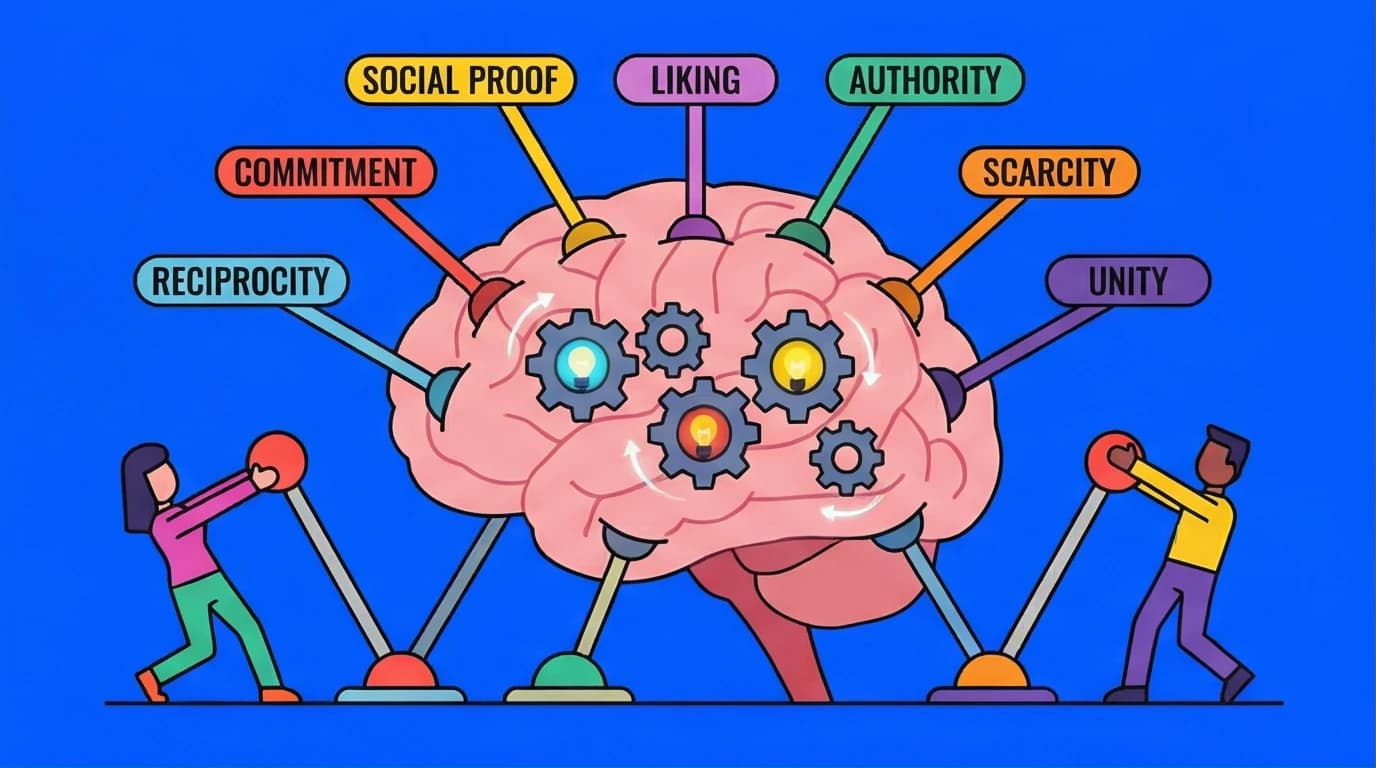 An illustration of the 7 principles of persuasion from Robert Cialdini's book 'Influence,' showing psychological triggers as levers in the human brain.