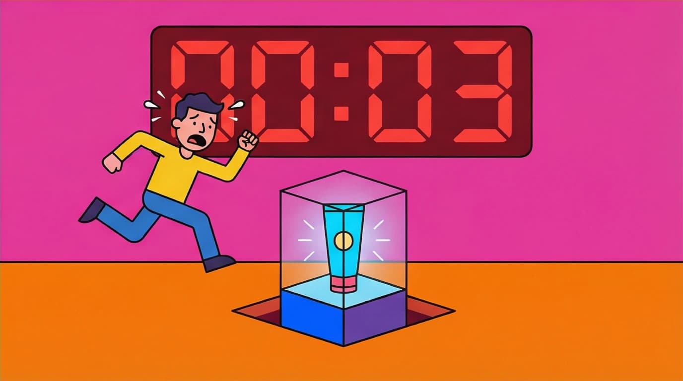 The Scarcity principle of persuasion explained: a character panics due to a countdown timer, illustrating the fear of missing out in Cialdini's 'Influence'.