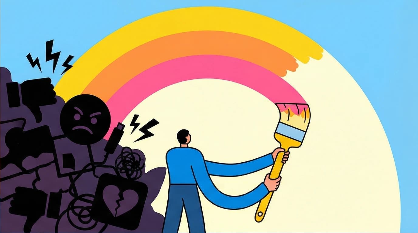 A person paints a bright sunrise over a chaotic background, symbolizing how positive good morning quotes can shift your mindset.