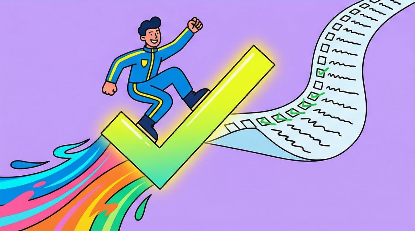 A character rockets past a to-do list on a giant checkmark, an image representing motivational morning quotes for peak productivity.