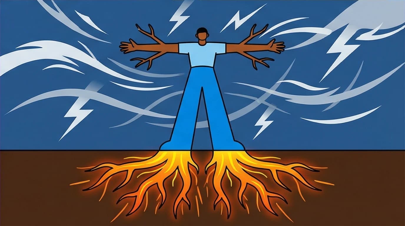 A person depicted as a tree with deep roots in a storm, showing how inspirational quotes build resilience and strength.