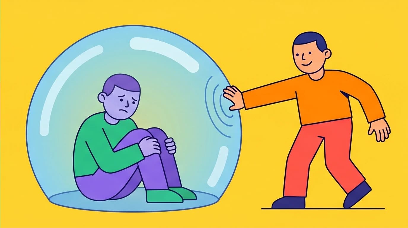 A person isolated inside a protective bubble, representing how defense mechanisms against relationship trauma can lead to fear of intimacy.