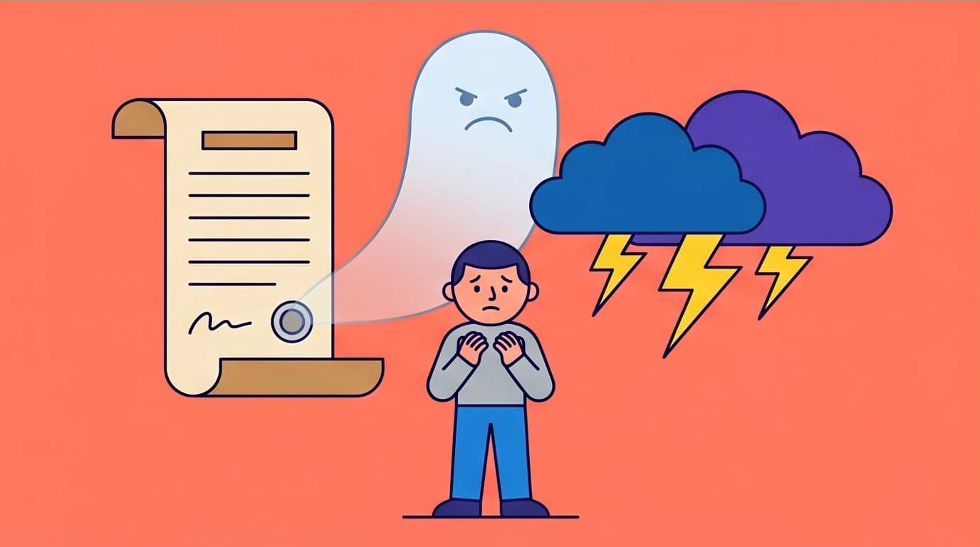 Three causes of fear of intimacy: a contract for conditional love, a ghost for emotional neglect, and storm clouds for parental conflict.