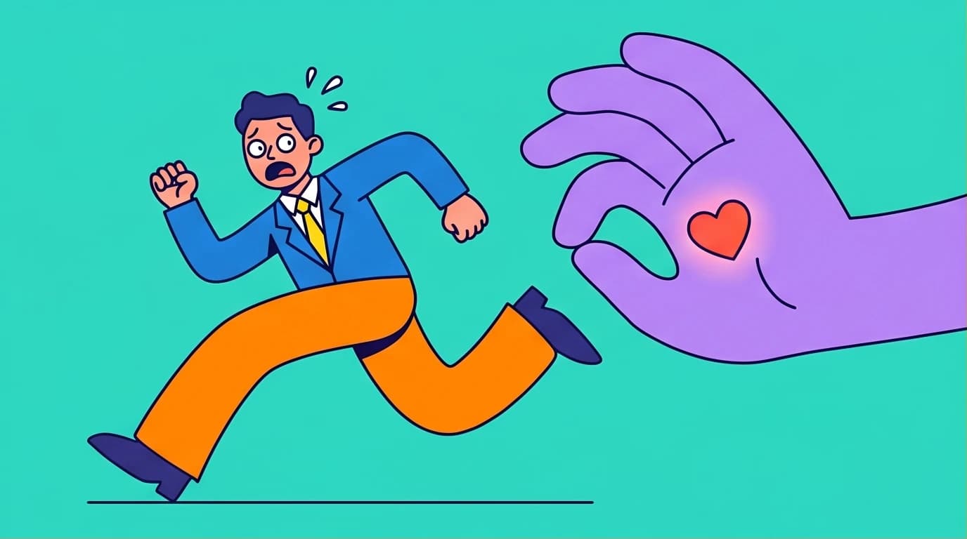 An illustration of a person running away from a hand offering a heart, symbolizing fear of intimacy rooted in original family trauma.