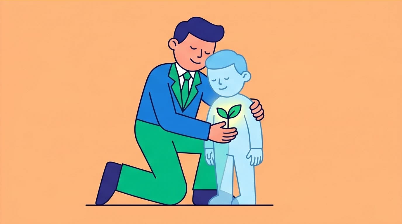 An adult character healing their relationship trauma by embracing their inner child, a key step in overcoming fear of intimacy.