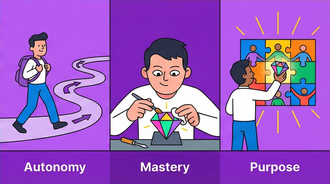 The three pillars of intrinsic motivation from Daniel Pink: a character showing Autonomy, another achieving Mastery, and a third finding Purpose.
