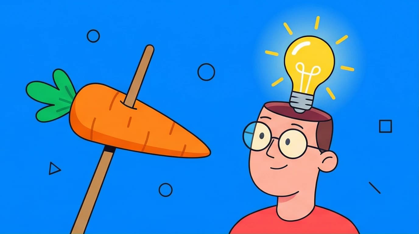 Illustration of intrinsic vs extrinsic motivation, with a person ignoring a carrot and stick reward for their own creative idea, based on Daniel Pink's Drive.