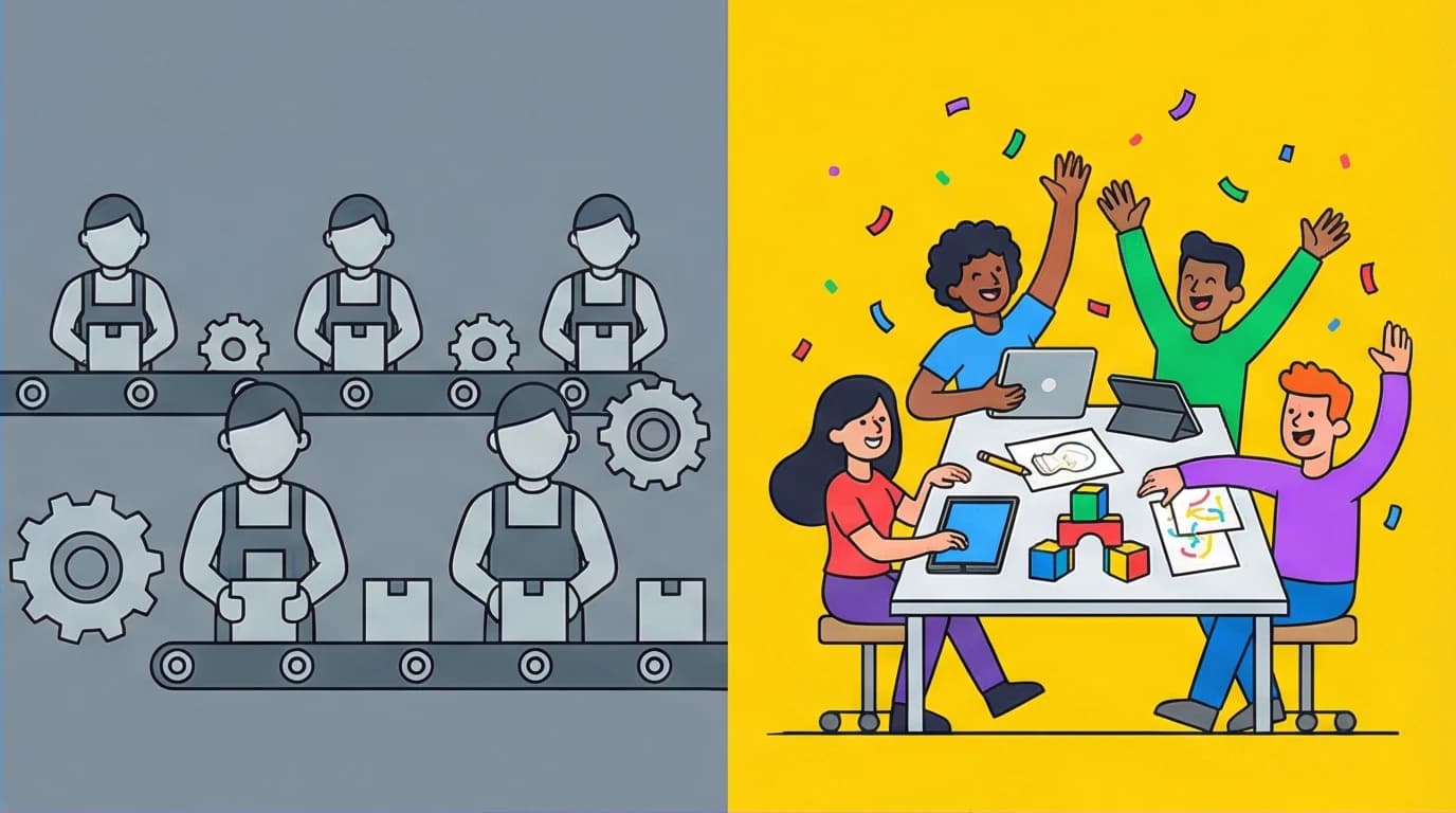 Comparison of Motivation 2.0's rigid industrial-age workforce versus Motivation 3.0's vibrant, creative, and collaborative modern team.