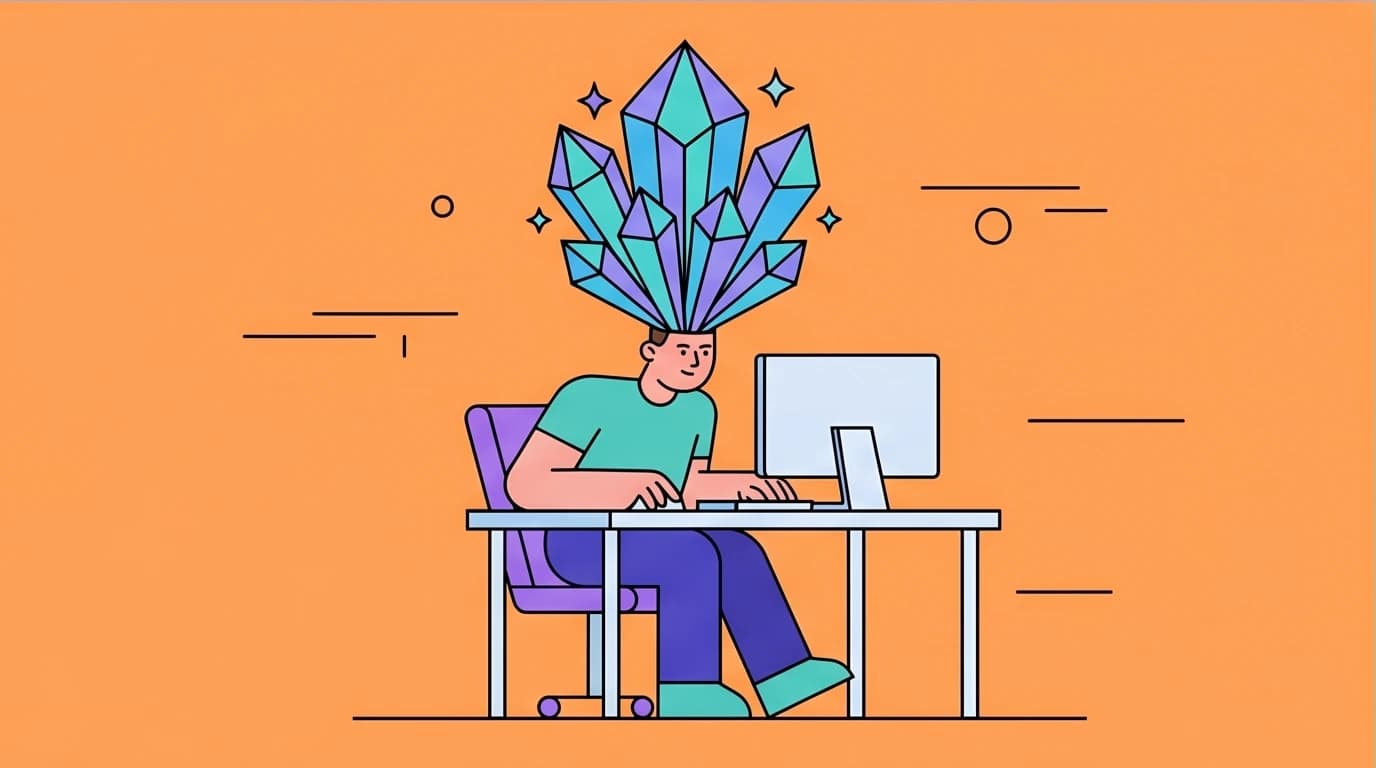 An illustration of an introvert's deep thinking advantage. A person in a flow state at their desk, building a focused, intricate idea structure.