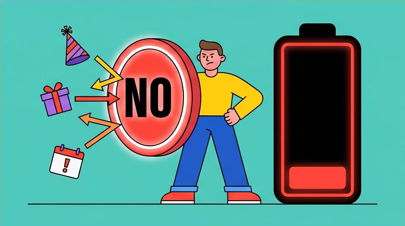 A person with a low energy battery meter uses a shield to block social invitations, illustrating the 'energy budget' concept for introverts.