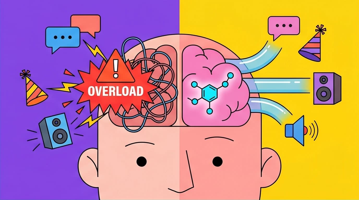 An illustration explaining social energy drain in introverts. A character is shown overwhelmed by social icons, leading to sensory overload.