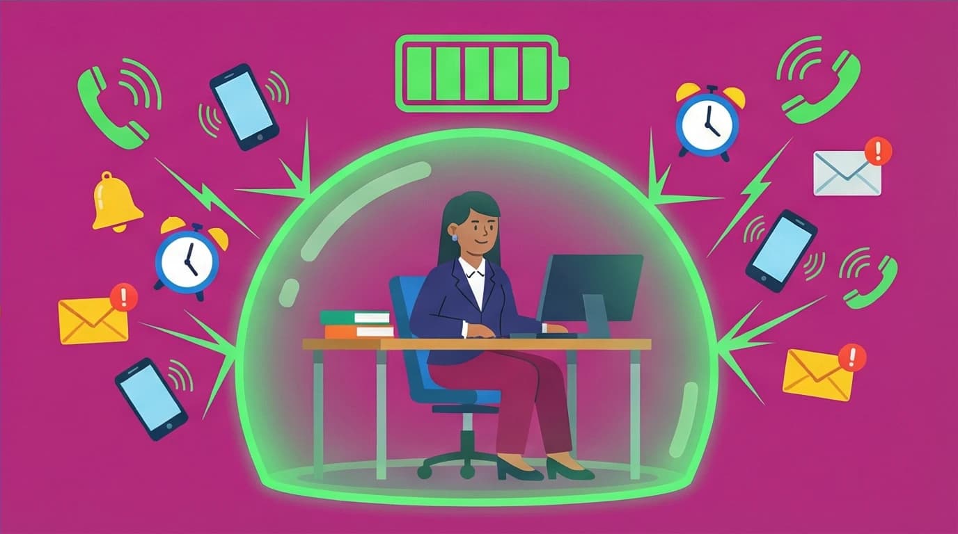 A depiction of an introvert leader protecting their energy with a shield in an open office, a crucial strategy for success as an introvert.