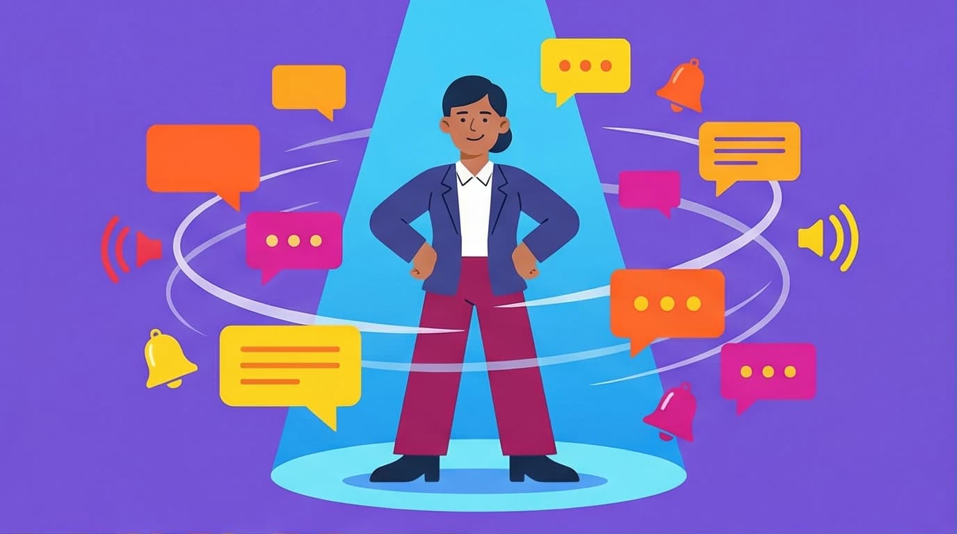 An illustration showing a calm professional demonstrating effective introvert leadership, standing confidently amid a storm of corporate noise.