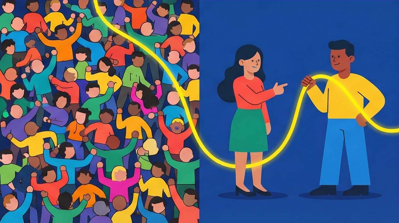 An image comparing chaotic group events with focused one-on-one meetings, highlighting the effective networking for introverts strategy.
