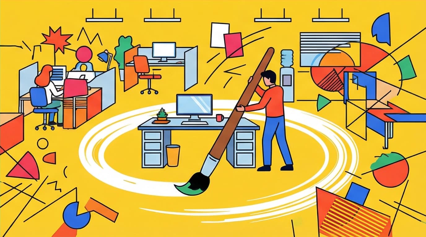 An illustration showing an introvert protecting their energy by creating a 'restorative niche' in a chaotic office, a key strategy for leveraging introvert traits at work.