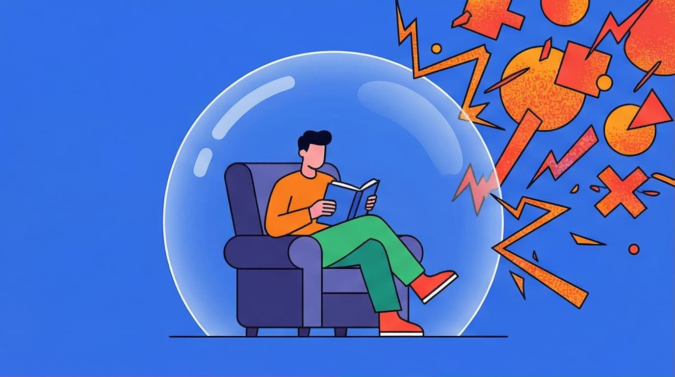 An illustration depicting the quiet power of an introvert, showing a person protected from a noisy world inside a calm bubble, based on Susan Cain's introvert traits.