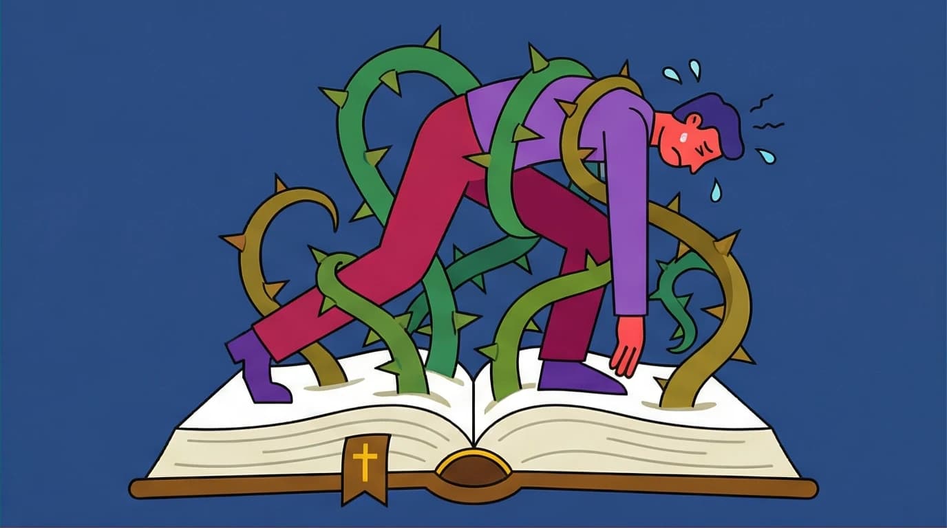 A character tangled by religious texts, illustrating the guilt some feel before understanding the biblical boundaries explained by Henry Cloud.