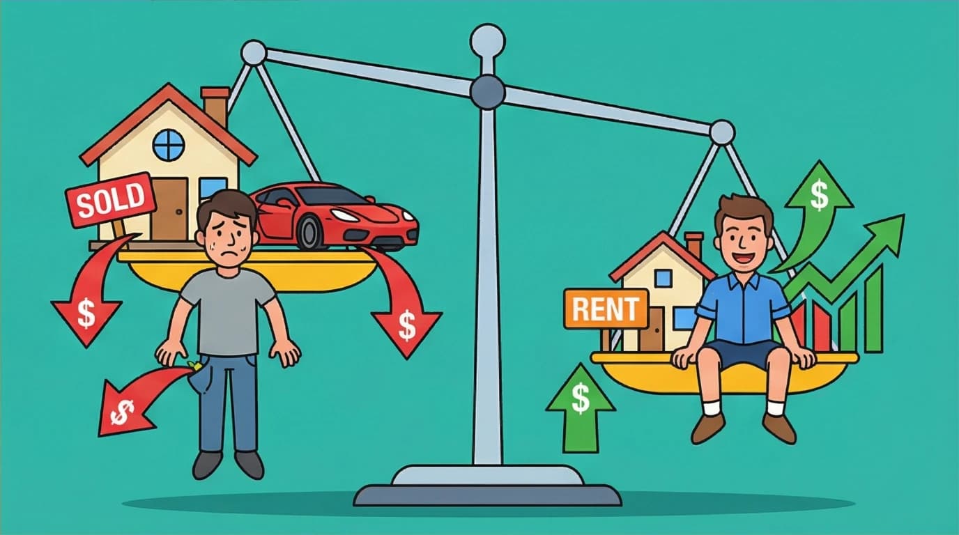A visual explanation of assets vs. liabilities from Rich Dad Poor Dad, showing money flowing from liabilities and to assets on a scale.