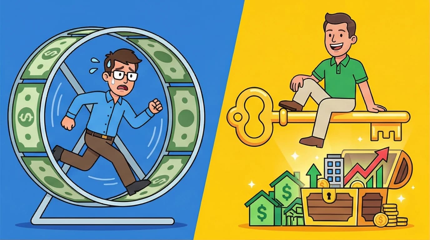 An illustration showing the Rich Dad Poor Dad concept: a man in a rat race vs. a man with assets. Discusses Robert Kiyosaki's core financial principles.
