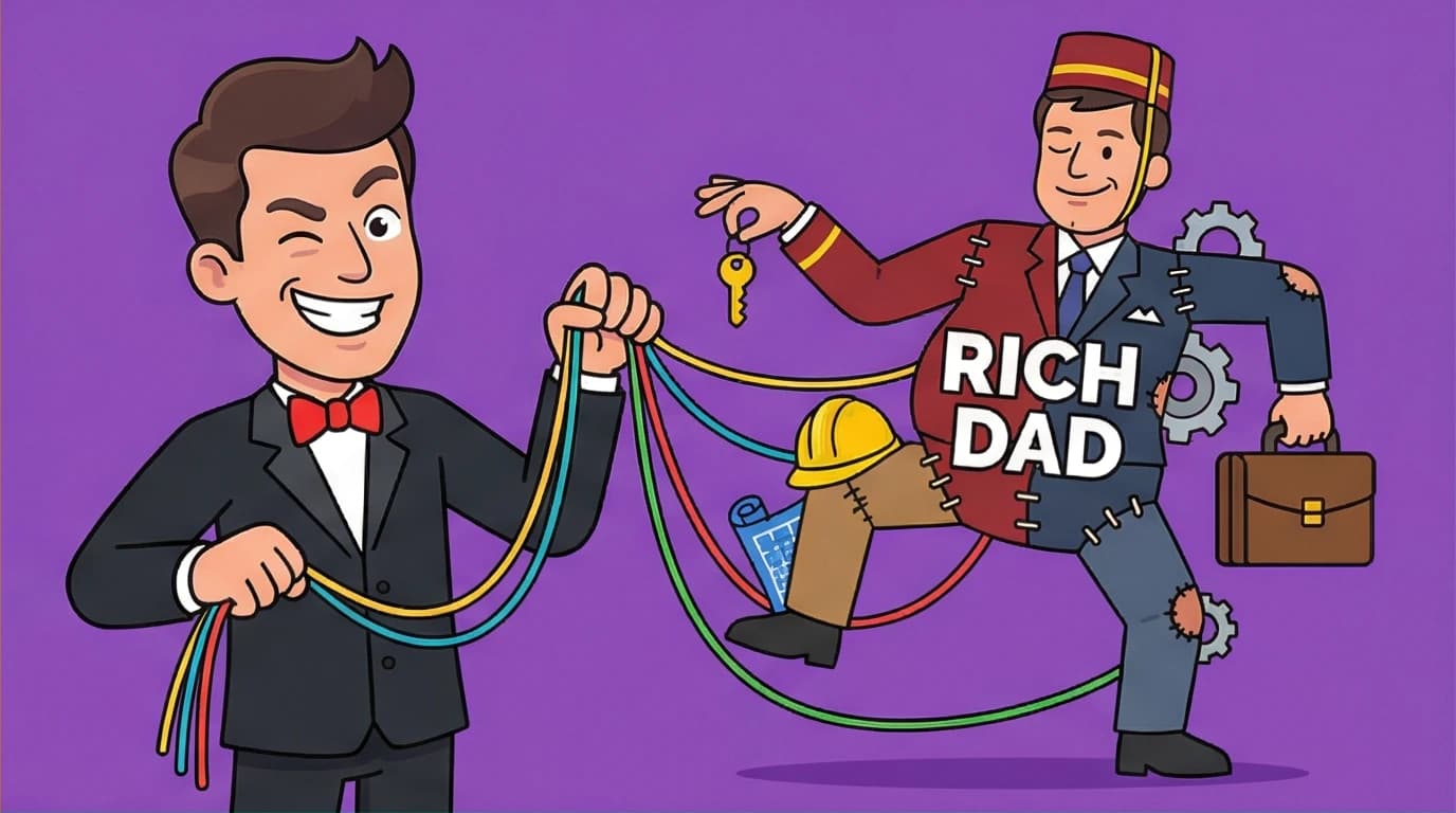 A puppet master controlling a composite 'Rich Dad' figure, symbolizing the fictional character in Robert Kiyosaki's book and the truth behind the story.