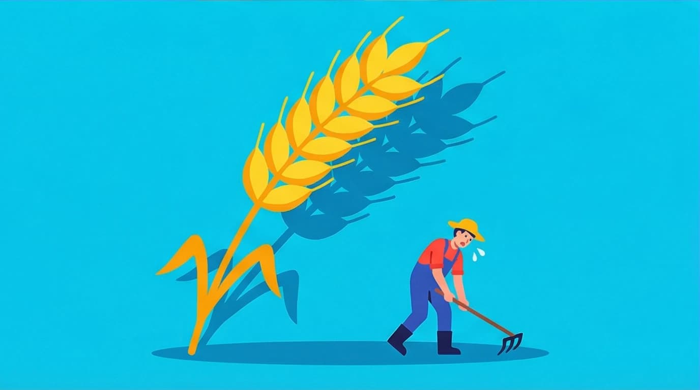 A metaphorical illustration of Sapiens' claim that the Agricultural Revolution was a fraud, with a giant wheat stalk dominating a tiny, exhausted farmer.