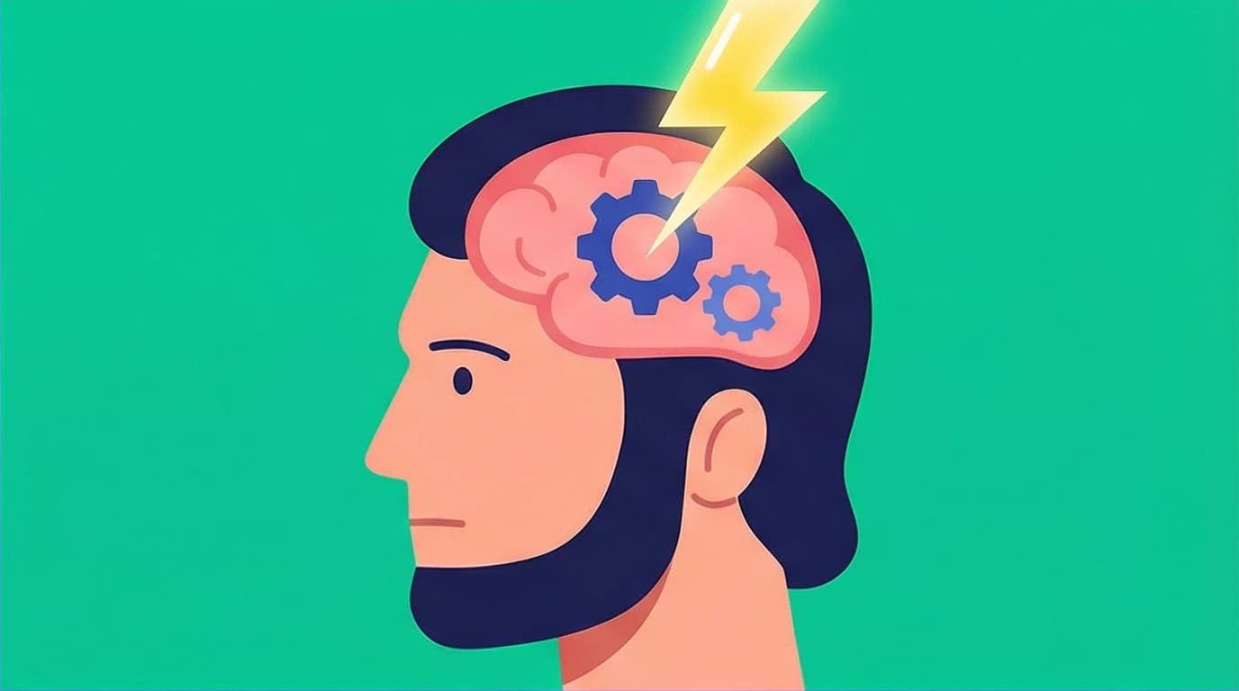 Illustration of Sapiens' Cognitive Revolution claim, where a lightning bolt symbolizes a sudden mutation in an early human brain, a fact-checked inaccuracy.