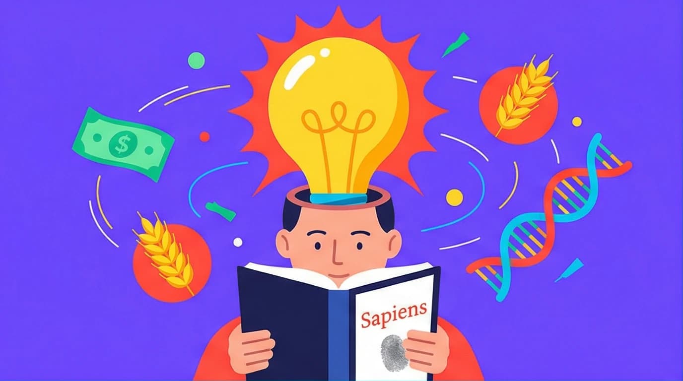 A Corporate Memphis illustration of a reader's mind being blown by Yuval Noah Harari's Sapiens, raising questions about the book's accuracy and claims.