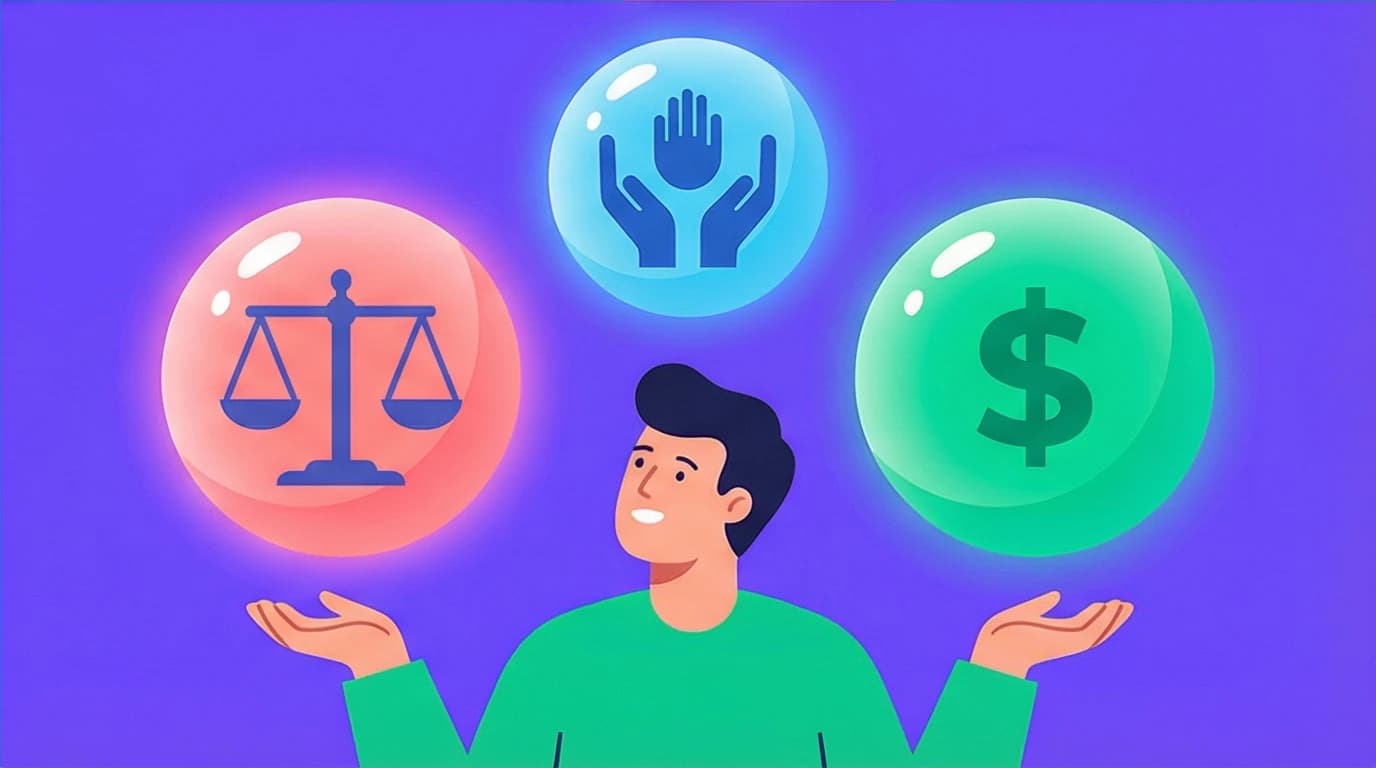 An illustration showing Sapiens' concept of human rights as 'fictions,' with a person observing abstract moral concepts floating in intangible bubbles.