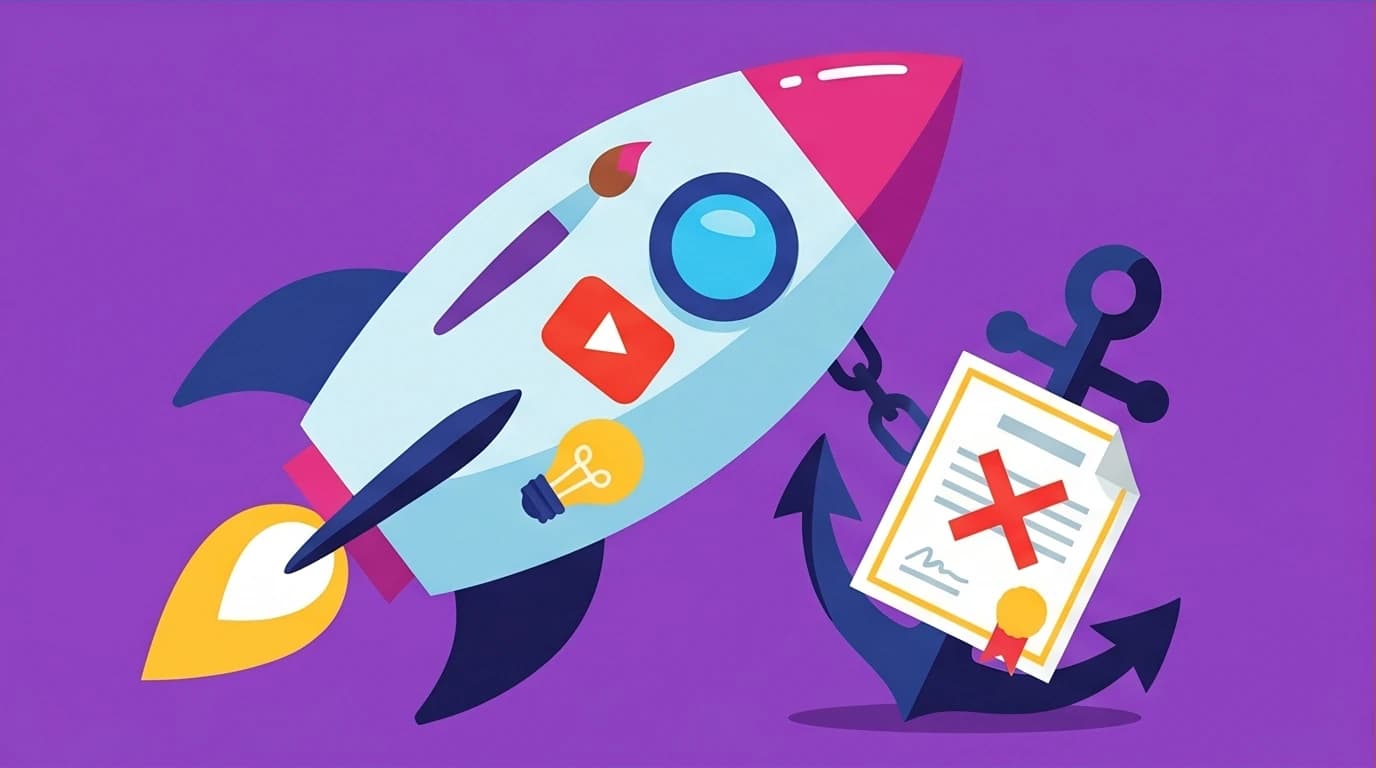 An illustration of a creative rocket representing Skillshare's pros being held down by an anchor symbolizing its cons, like no accredited certificates.