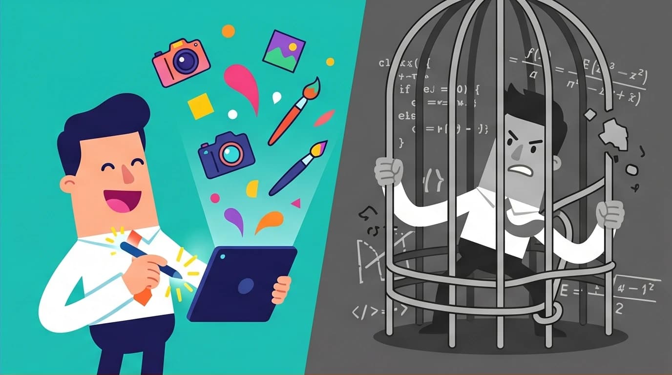 A split-screen illustration showing Skillshare's strengths in creative fields like design versus its weaknesses in hard tech topics like coding.