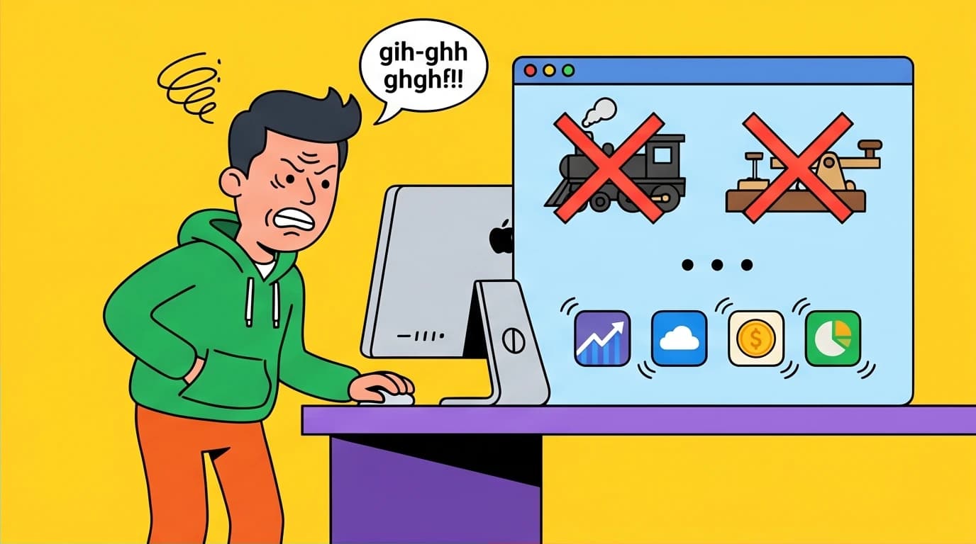 A frustrated investor looks at a modern screen showing outdated stock symbols, symbolizing the irrelevant examples in The Intelligent Investor for beginners.