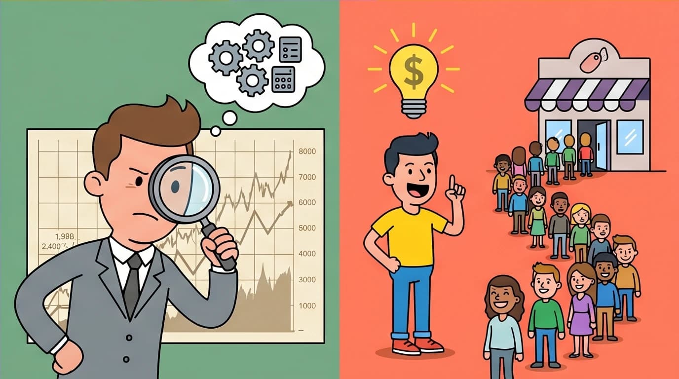 A split image contrasting two investing styles for beginners: Benjamin Graham's analytical approach versus Peter Lynch's observational strategy.