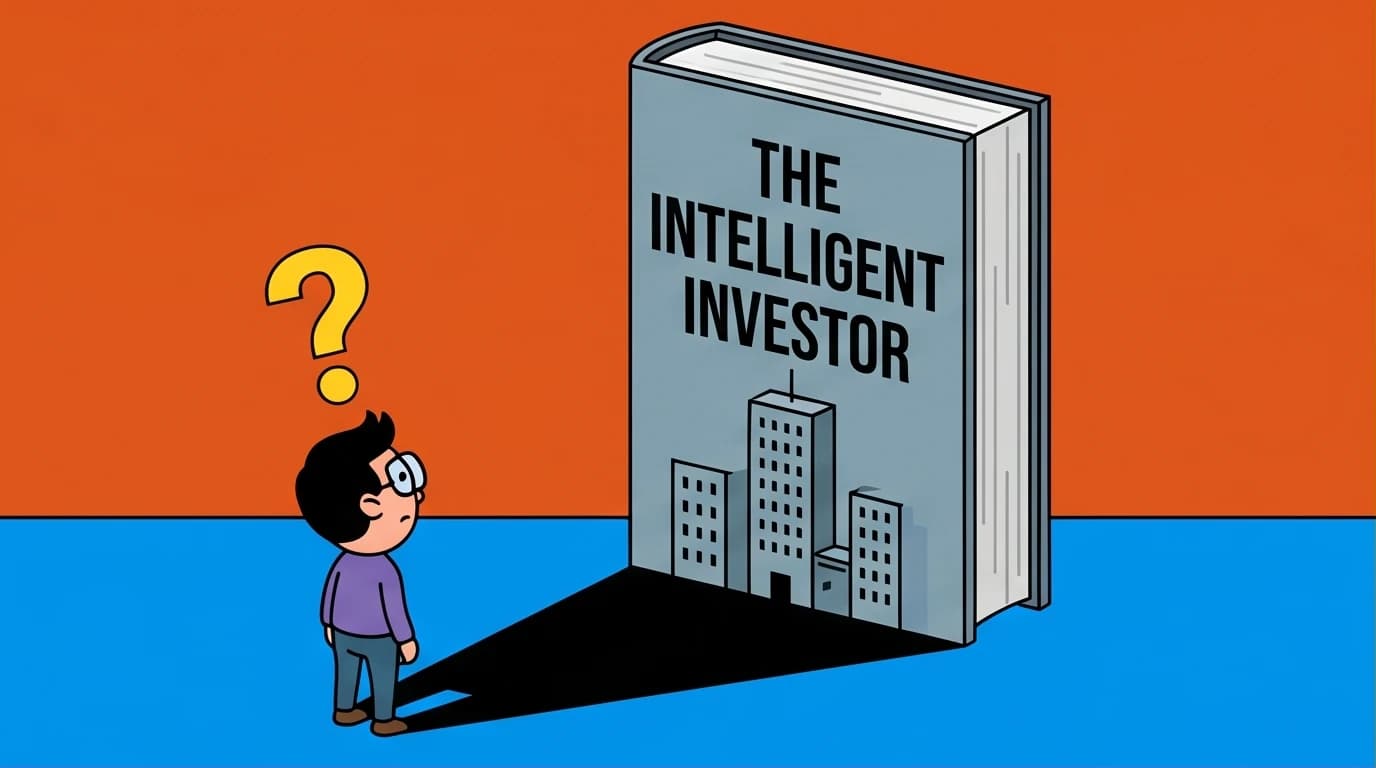 An illustration of a beginner investor overwhelmed by a giant book titled The Intelligent Investor, representing the book's difficulty for newcomers.