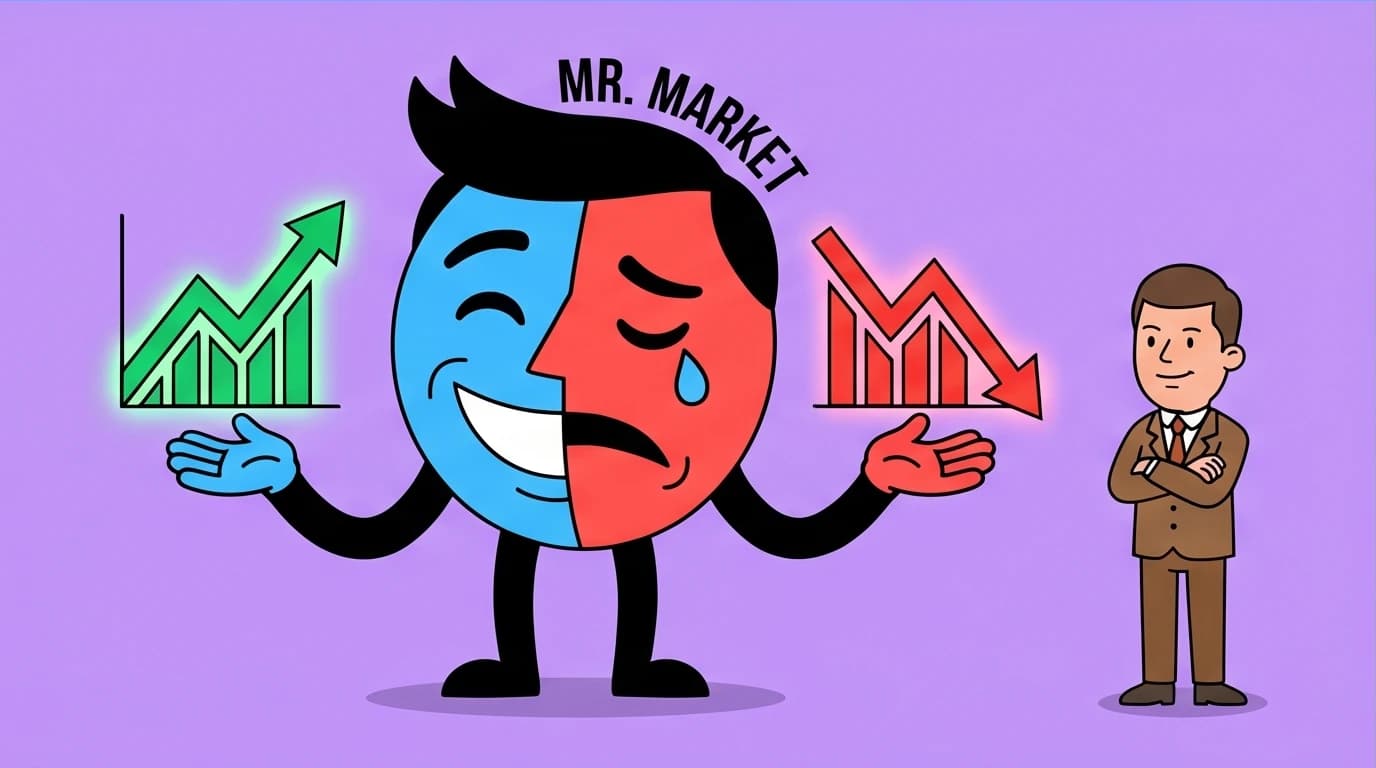 An illustration of the Mr. Market concept from The Intelligent Investor, showing a character with mood swings offering stocks to a calm investor.