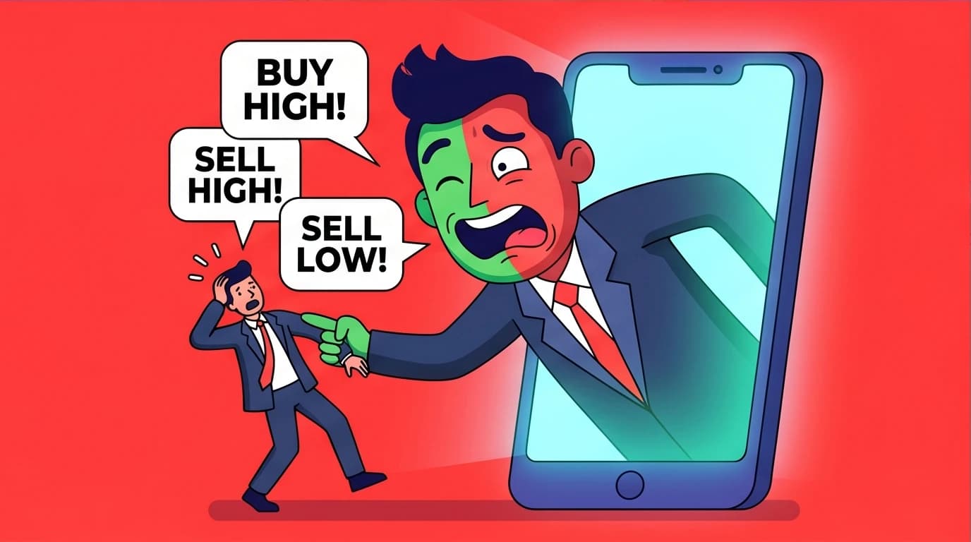 Illustration of the Mr. Market allegory, showing an investor with emotional discipline against modern market volatility and hype.
