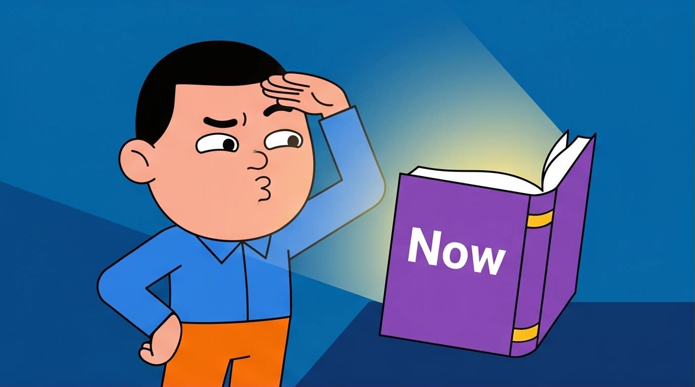 An illustration of a skeptical reader examining Eckhart Tolle's The Power of Now, deciding if the book is worth reading for anxiety and overthinking.