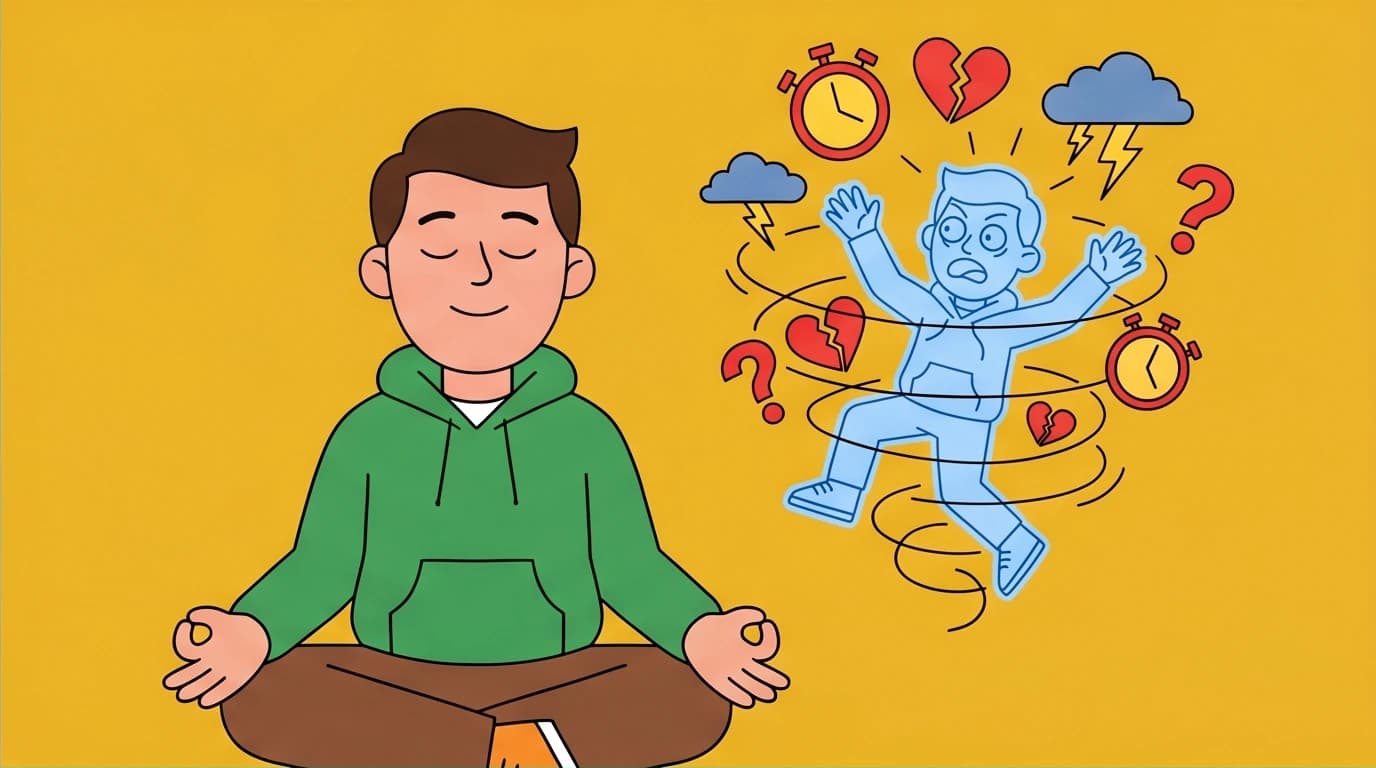 An illustration showing a person observing their own chaotic thoughts, a core concept from The Power of Now book review on overcoming the ego.