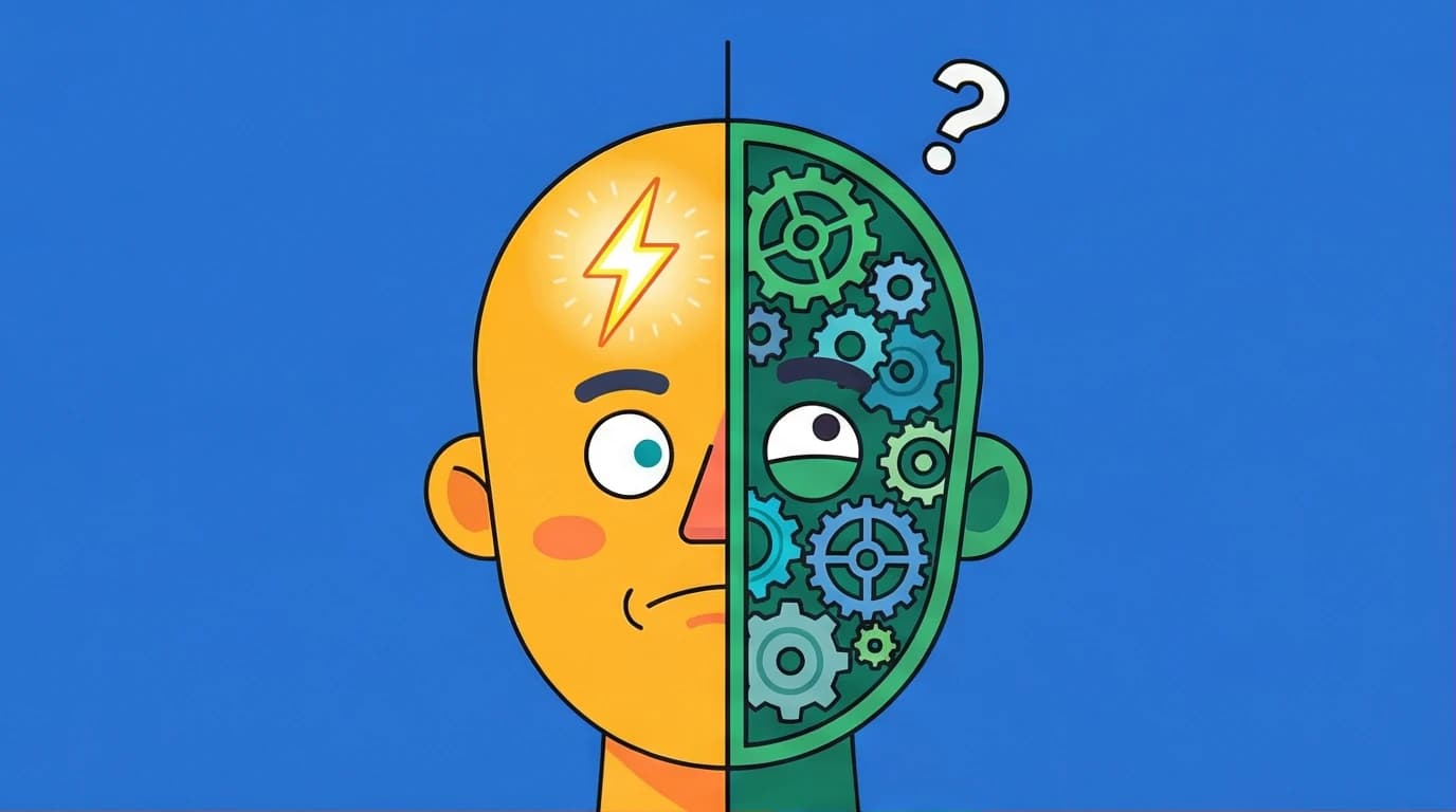 Conceptual art of a brain split into fast System 1 and slow System 2, from Kahneman's difficult book, Thinking, Fast and Slow.