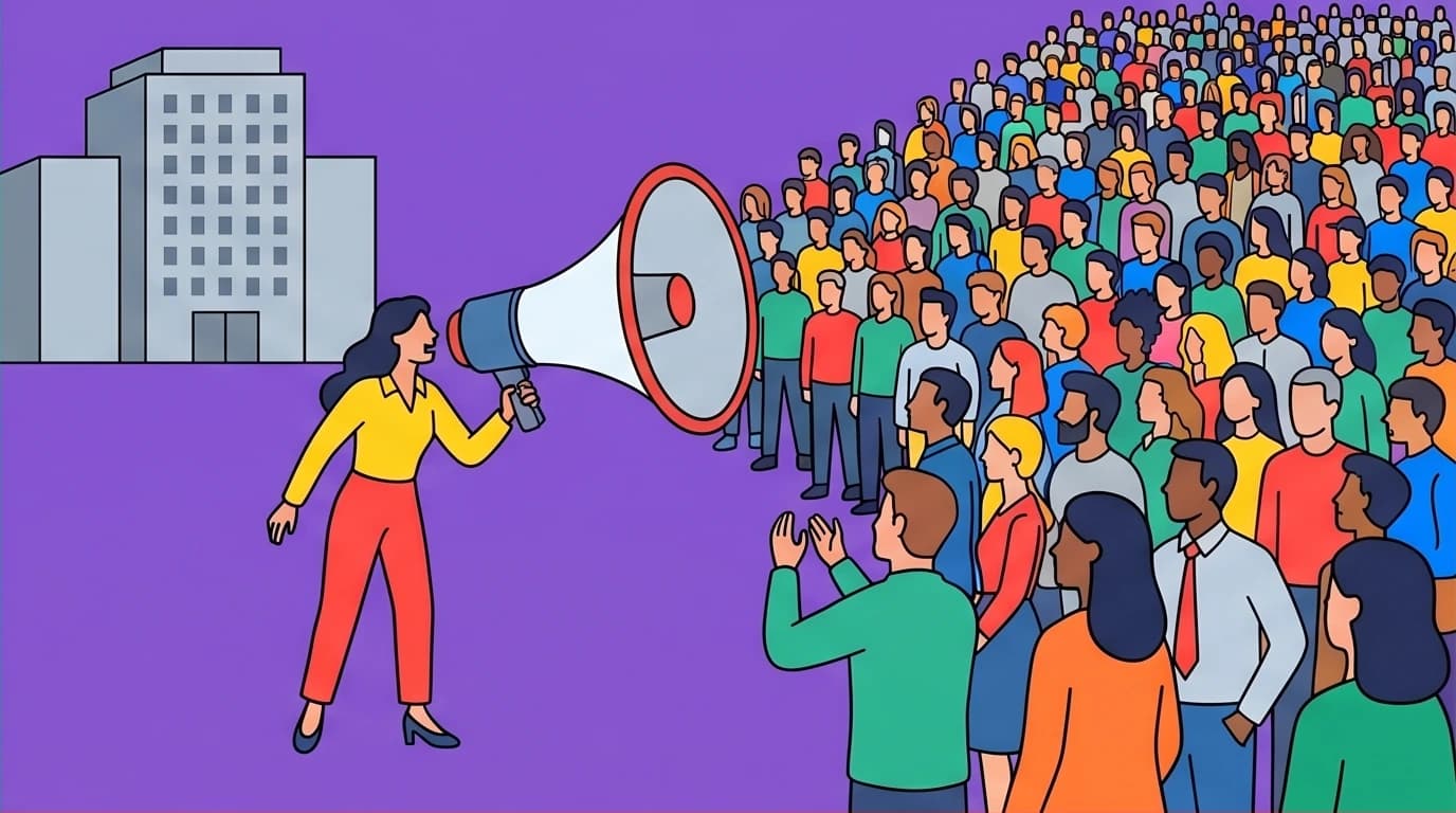 A visual metaphor for Joan Crawford's personal branding: a woman bypassing a studio to connect directly with her audience via a megaphone.