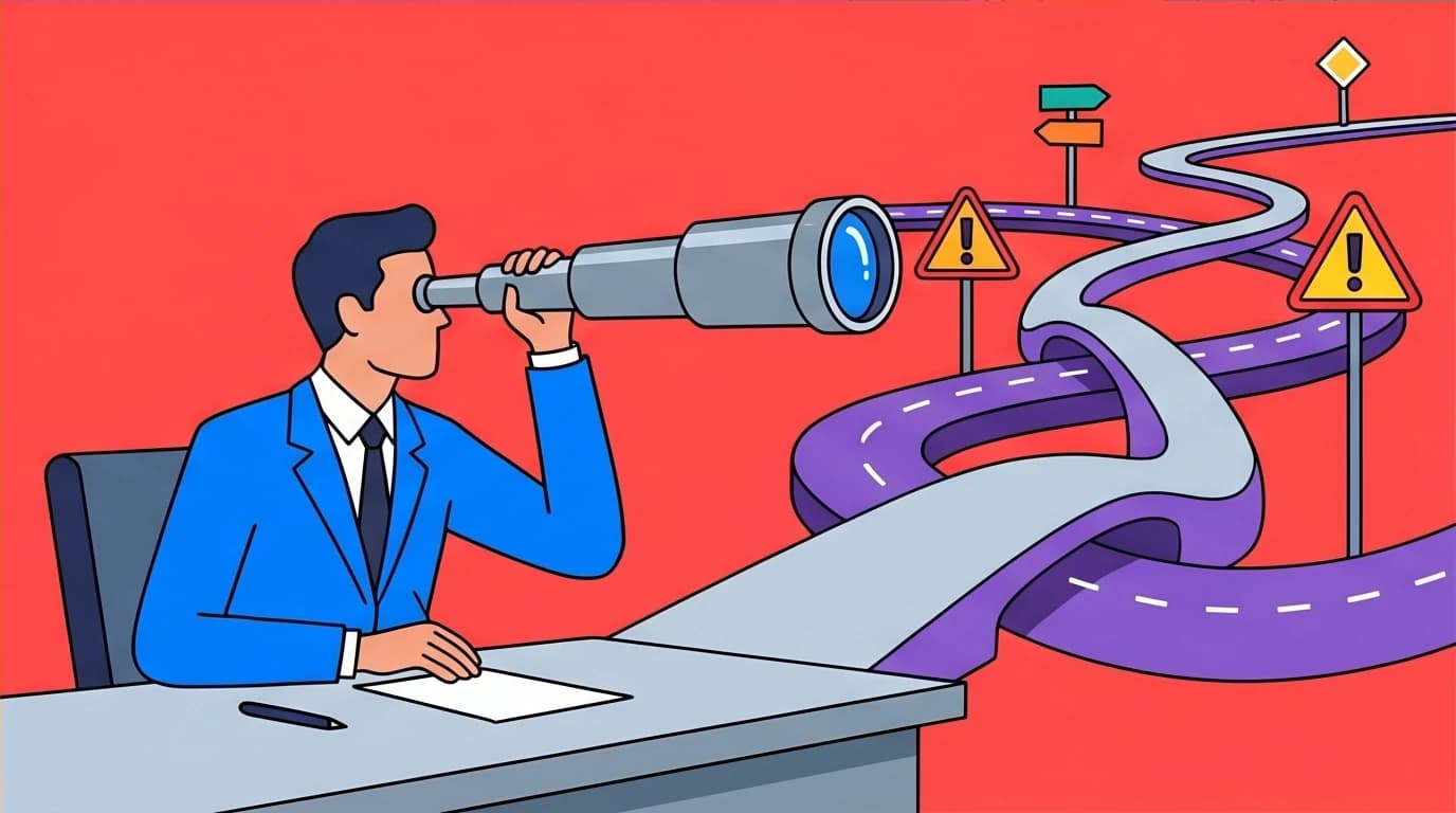 A professional using a periscope to plan ahead, representing the Joan Crawford career lesson of constructive paranoia and strategic foresight.