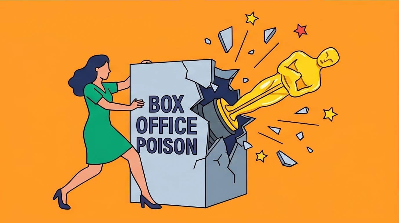 An illustration showing how Joan Crawford reinvented herself by shattering a 'Box Office Poison' label to win an Oscar, a lesson in career pivots.