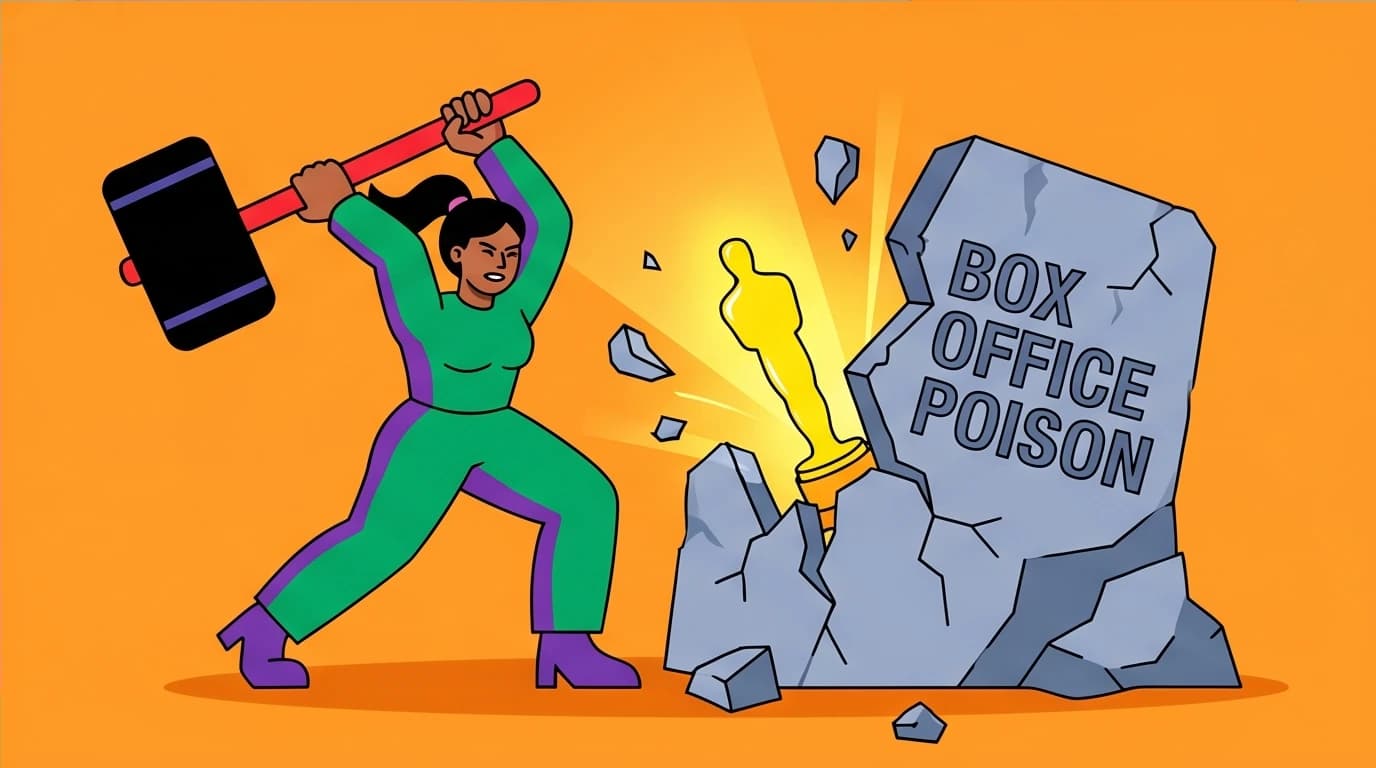 An illustration of overcoming failure, where a figure shatters a 'Box Office Poison' label to reveal an award, symbolizing the Joan Crawford comeback story.